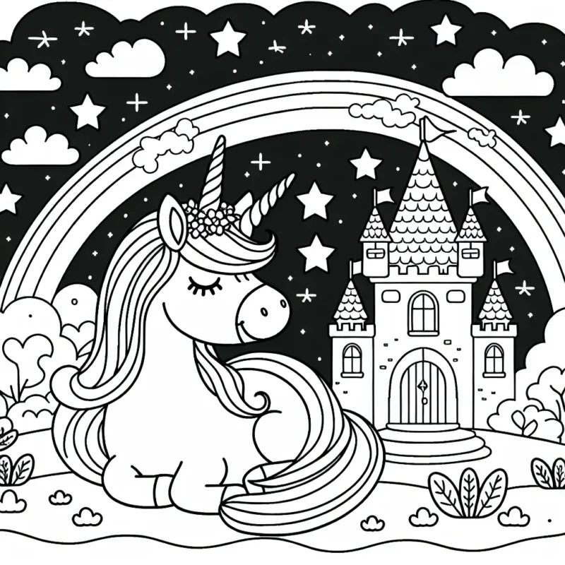 Imagine une jolie licorne dans un magnifique château sous un ciel étoilé avec à côté un arc-en-ciel brillant !