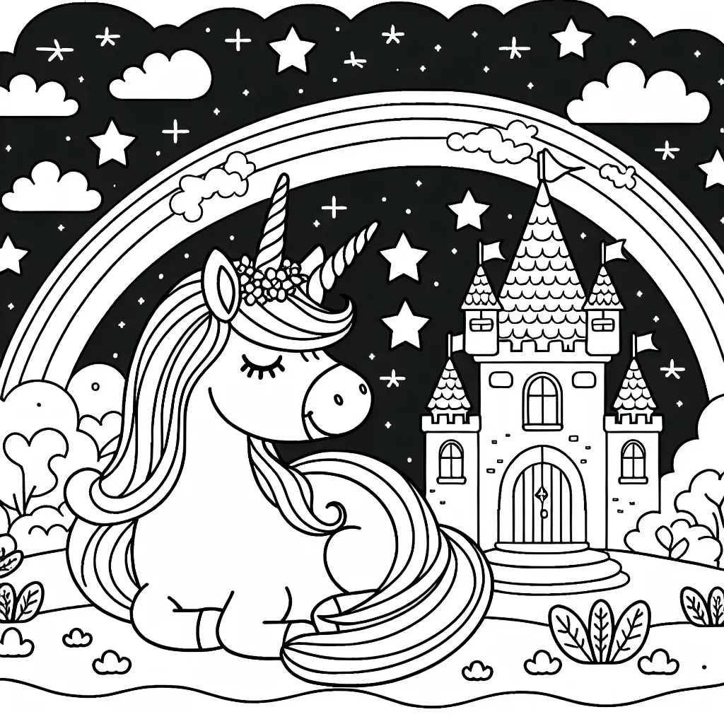 Imagine une jolie licorne dans un magnifique château sous un ciel étoilé avec à côté un arc-en-ciel brillant !