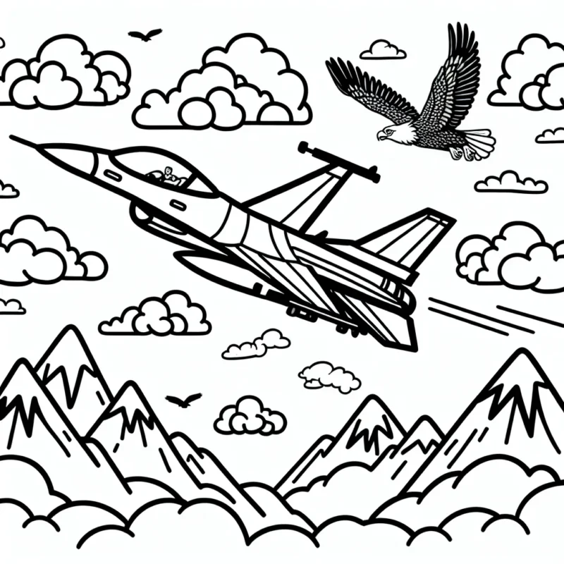 Dessiner un avion de chasse F16 survolant le ciel et offrant un spectacle d'acrobaties aériennes avec des montagnes en toile de fond. Dans le ciel, de nombreux nuages ​​de formes différentes complètent le tableau. Vous pouvez ajouter des aigles ou d'autres oiseaux pour plus de réalisme. L'avion doit être dans un style détaillé, tandis que les montagnes et les nuages ​​peuvent être dessinés de manière plus stylisée pour donner de la profondeur au dessin.