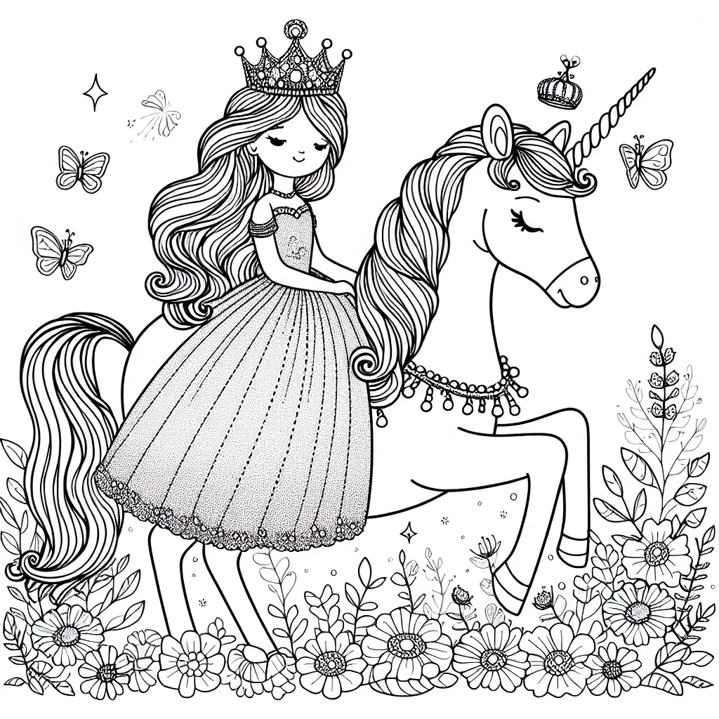 Dessine une princesse chevauchant une licorne à travers un champ de fleurs, avec une couronne de perles et une longue robe scintillante.