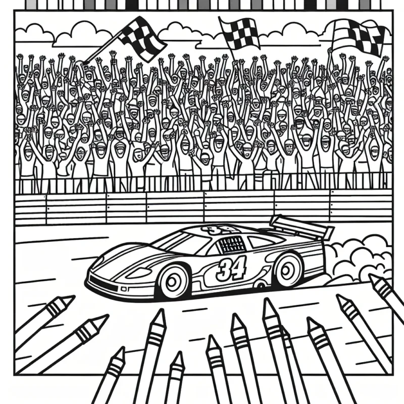 Dessine une voiture de course filant à toute vitesse sur une piste animée, entourée d'une foule de personnes qui l'acclament.