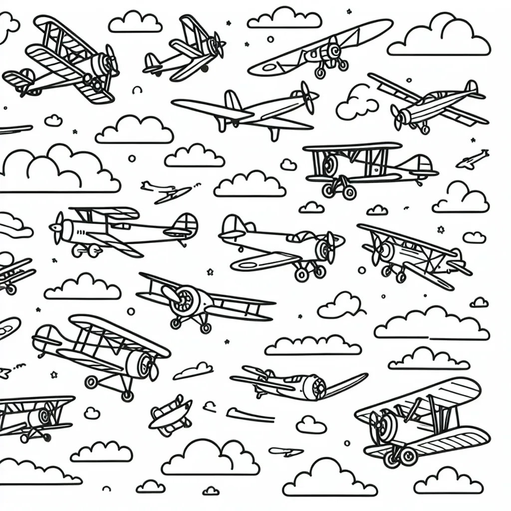 Un ciel plein d'avions en plein vol, avec différents types d'avions, du biplan à l'avion de chasse moderne. Chaque avion a des lignes épaisses et simples pour permettre aux enfants de colorier les détails facilement. Il y a aussi des nuages flottant dans le ciel pour offrir davantage d'options de coloration.