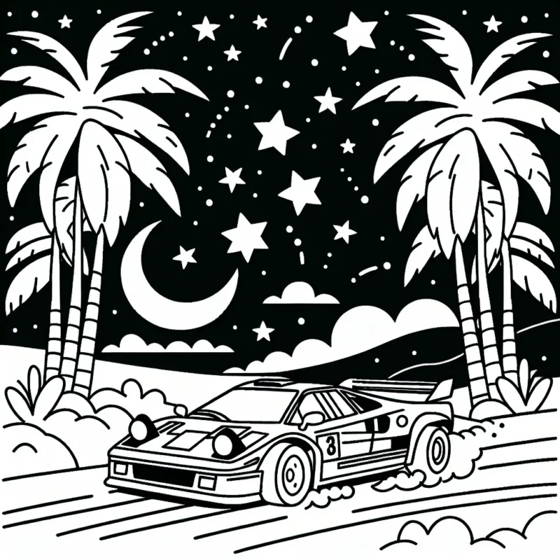 Dessine une voiture de course en plein rallye, entourée de palmiers sous un ciel étoilé.