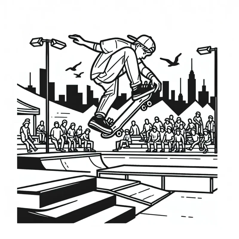 Dessine un skateboarder effectuant un trick époustouflant sur une rampe dans un skatepark urbain, avec des spectateurs en arrière-plan. N'oublie pas de colorier son équipement de sécurité et son skateboard radicalement cool!