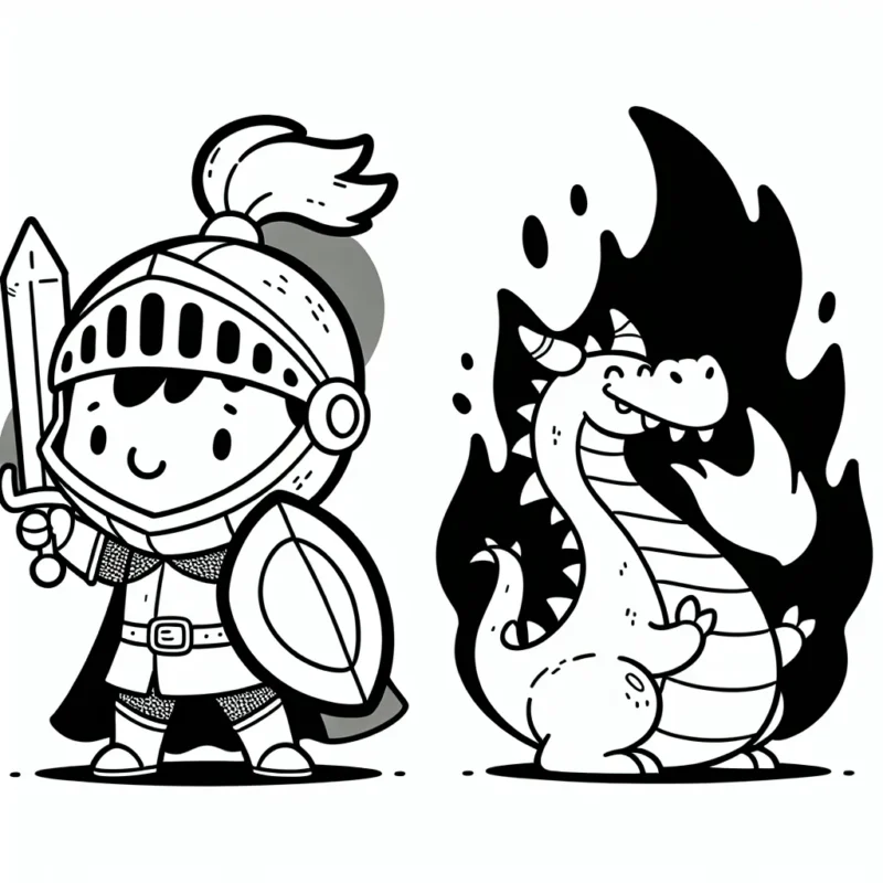 Dessine un petit chevalier courageux protégeant son royaume face à un dragon crachant du feu