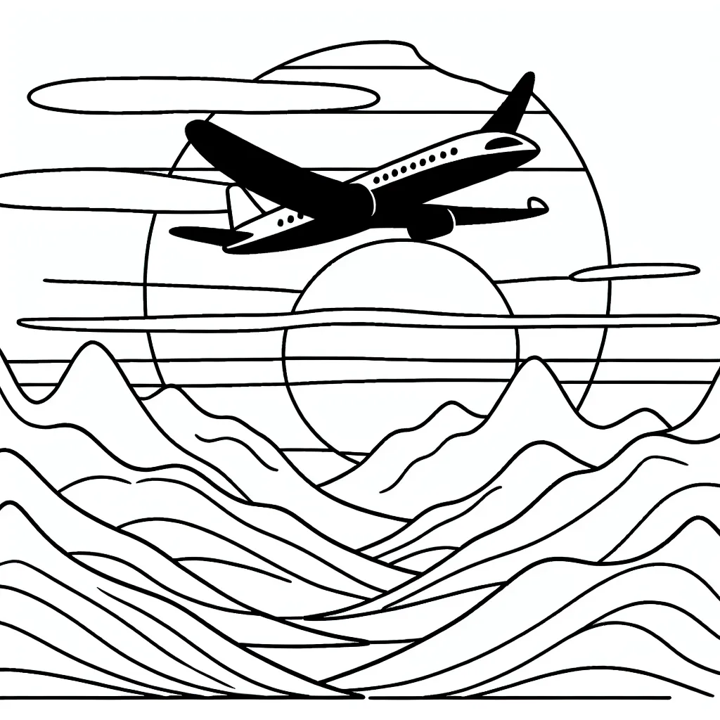 Un avion survolant les montagnes, avec un coucher de soleil en arrière-plan