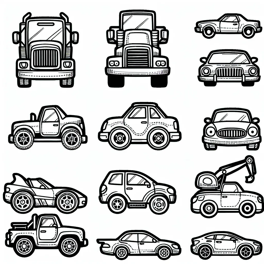 Un assortiment de voitures de différentes marques à colorier