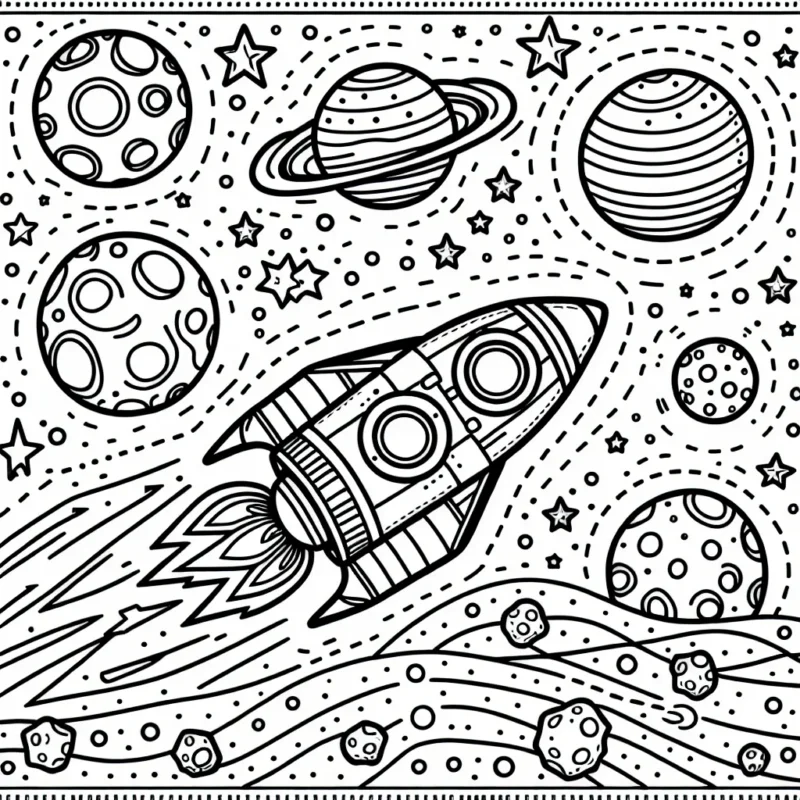 Dessinez une voiture de course spatiale zoomant à travers un champ d'astéroïdes colorés, avec des planètes lointaines en arrière-plan.