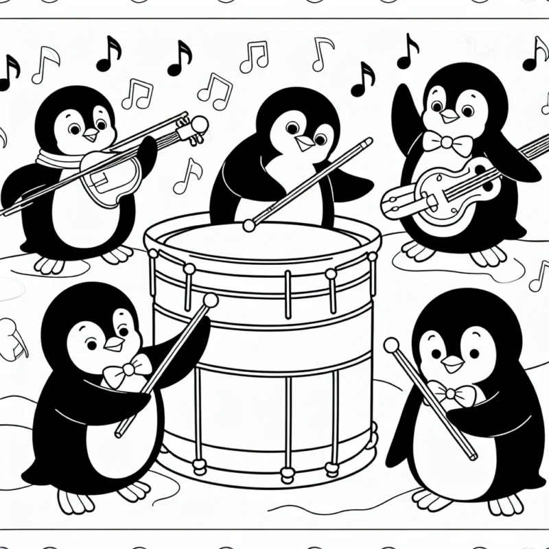 Un groupe de pingouins musiciens dont chacun joue un instrument différent dans l'Antarctique