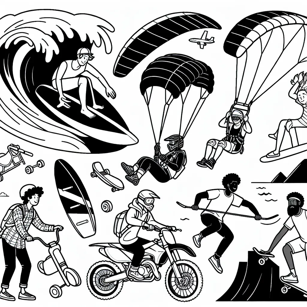 Sur cette page, on voit des hommes et des femmes prenant part à différents sports extrêmes. Il y a un surfeur chevauchant une vague géante, un parapentiste flottant dans le ciel, un motocrossiste s'envolant sur une rampe, un grimpeur suspendu à une falaise abrupte et un skateur faisant une figure dans un skatepark. Les détails sont nombreux et offrent de nombreuses occasions d'ajouter de la couleur et du caractère à chaque scène.