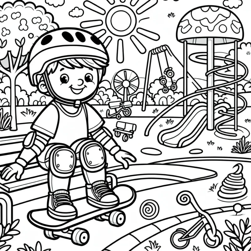 Un petit garçon souriant s'amuse dans un parc rempli de diverses structures de jeux colorées. Il porte un casque et des protections sur ses genoux et coudes tout en étant assis sur un skateboard, sur le point de descendre la rampe. Autour de lui, il y a un toboggan en spirale, une balançoire, une piste cyclable et quelques arbres aux formes amusantes. Le soleil brille à l'horizon, donnant une lumière chaleureuse à la scène.