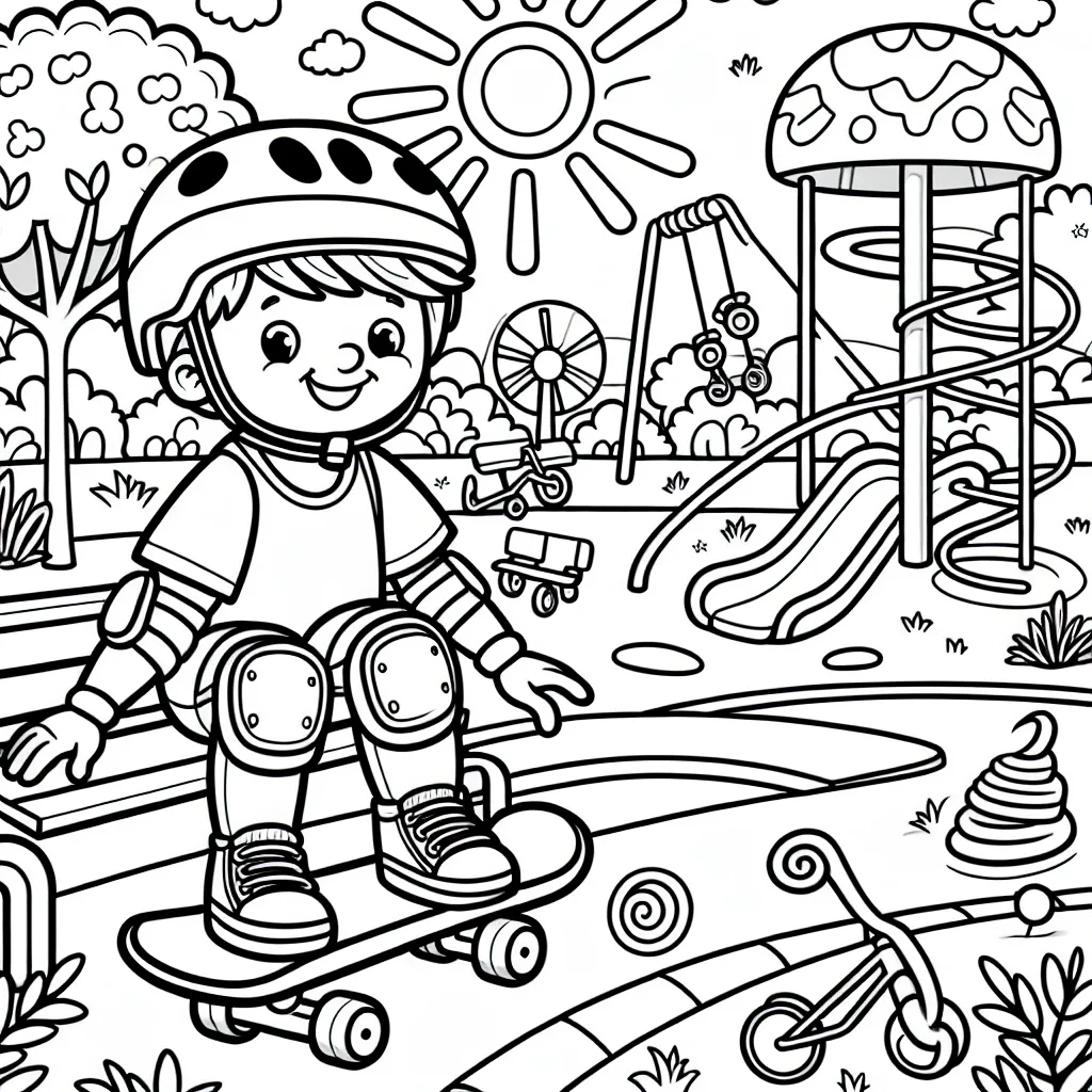 Un petit garçon souriant s'amuse dans un parc rempli de diverses structures de jeux colorées. Il porte un casque et des protections sur ses genoux et coudes tout en étant assis sur un skateboard, sur le point de descendre la rampe. Autour de lui, il y a un toboggan en spirale, une balançoire, une piste cyclable et quelques arbres aux formes amusantes. Le soleil brille à l'horizon, donnant une lumière chaleureuse à la scène.