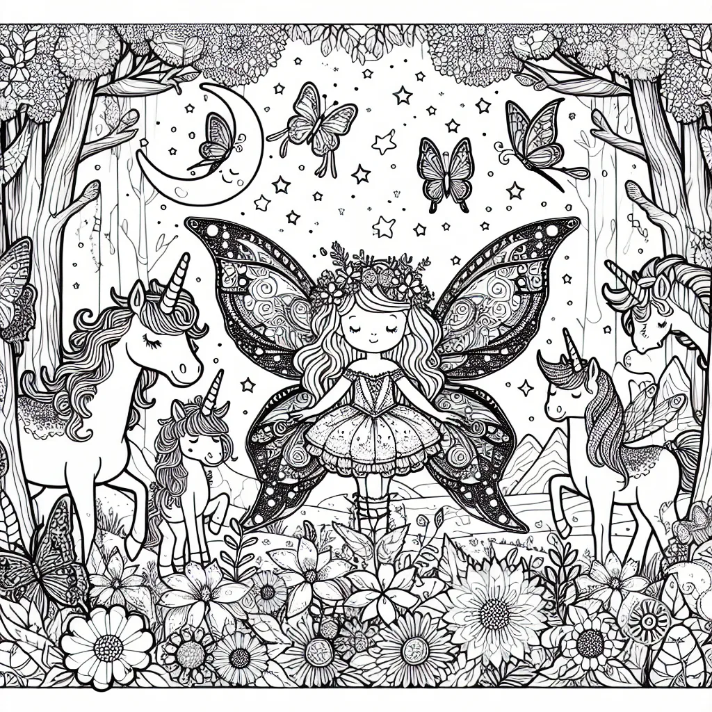 Le prompt de coloriage propose une scène féerique enchantée, au milieu d'une forêt magique où une petite fée aux ailes incroyablement détaillées est entourée de ses amies, les licornes, les papillons colorés, les oiseaux chanteurs et les fleurs chatoyantes. Cette image étonnante de fantaisie et d'imaginaire suscitera beaucoup d'excitation chez les jeunes coloristes.