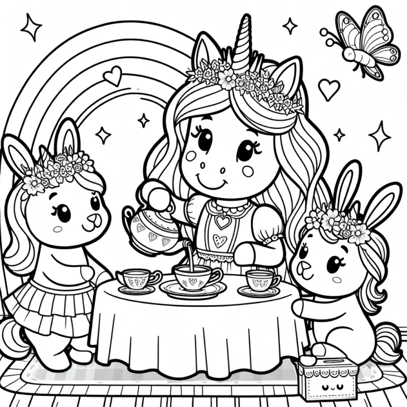 C'est l'heure du thé dans le royaume des licornes ! La princesse licorne prépare le thé pour ses amis le lapin arc-en-ciel et le papillon étincelant. Coloriez cette scène magnifique et joyeuse.