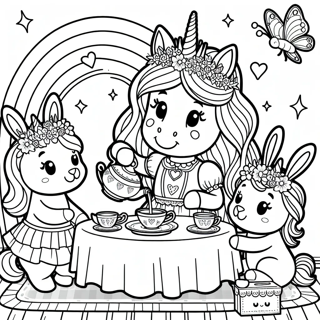 C'est l'heure du thé dans le royaume des licornes ! La princesse licorne prépare le thé pour ses amis le lapin arc-en-ciel et le papillon étincelant. Coloriez cette scène magnifique et joyeuse.