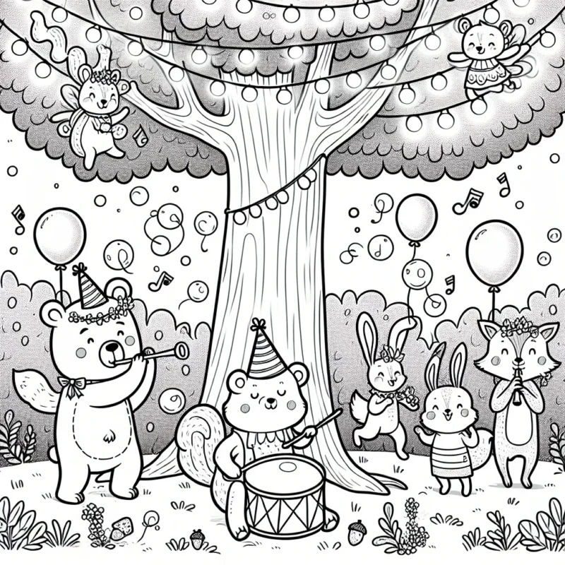 Dans une forêt enchantée, les animaux préparent une grande fête. Dessine un ours portant un chapeau de fête et jouant du tambour, un lapin soufflant des bulles savonneuses, un écureuil jonglant avec des glands, et un renard jouant de la flûte sous un grand chêne illuminé de lanternes féeriques.