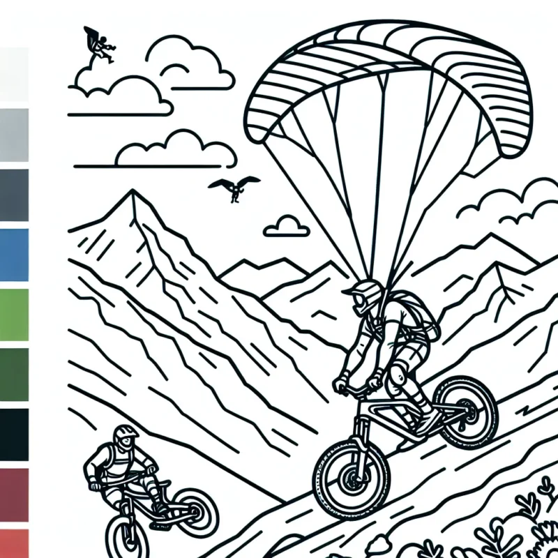 Dessine un sportif extrême réalisant une acrobatie en parapente au-dessus des montagnes, tandis qu'un autre descend une pente de montagne rapide en VTT.