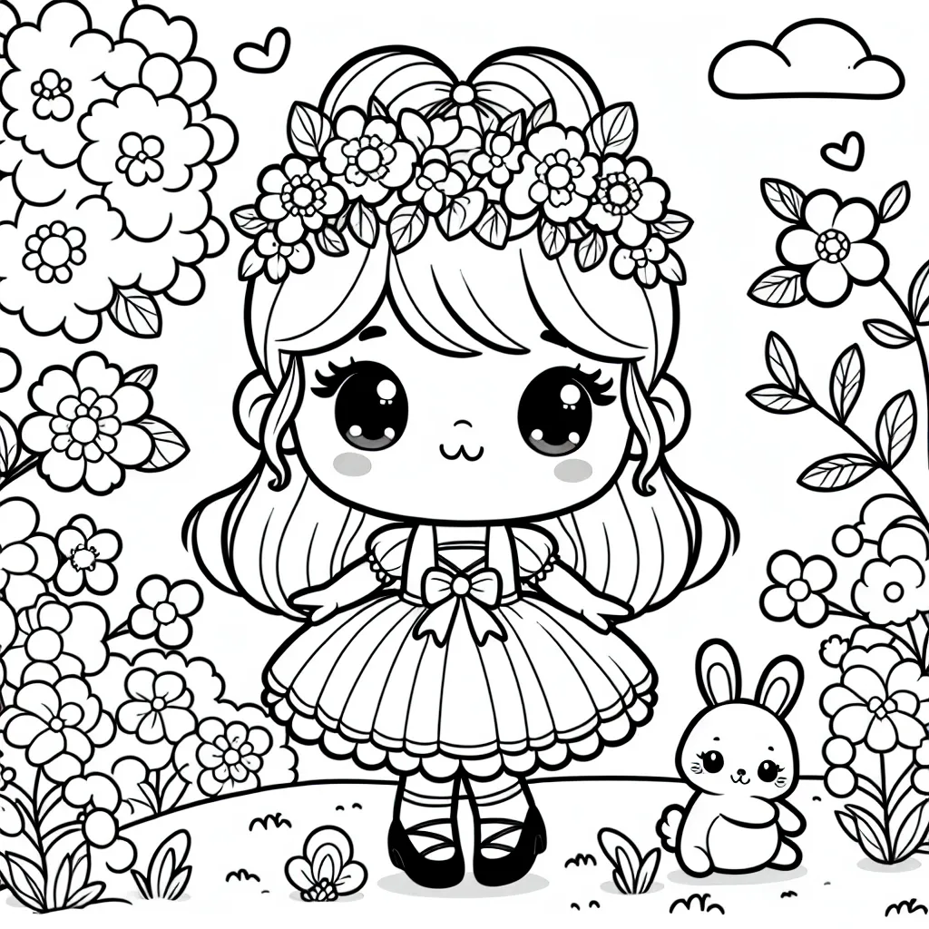 Un dessin d'une jolie petite princesse debout dans un jardin fleuri avec un petit lapin jouant à ses pieds