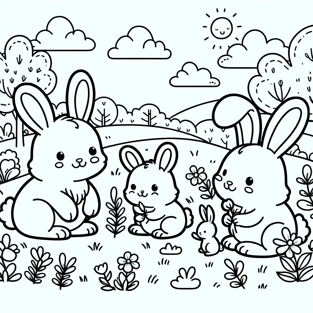 Créer un coloriage d'une famille de lapins profitant d'une belle journée ensoleillée dans un parc