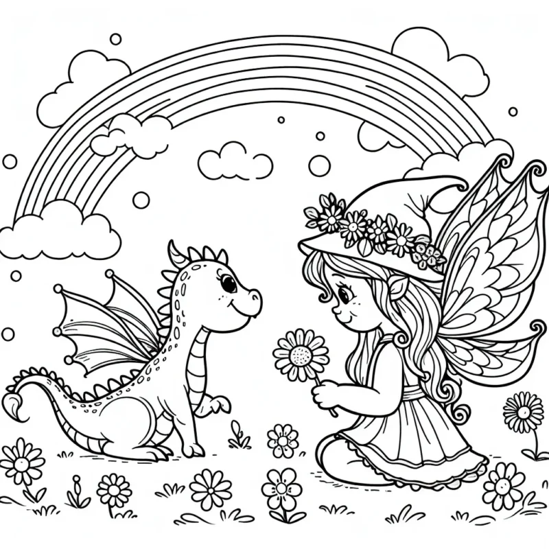 Une fée joue avec son petit dragon dans un monde enchanté rempli de fleurs et d’arc-en-ciel.