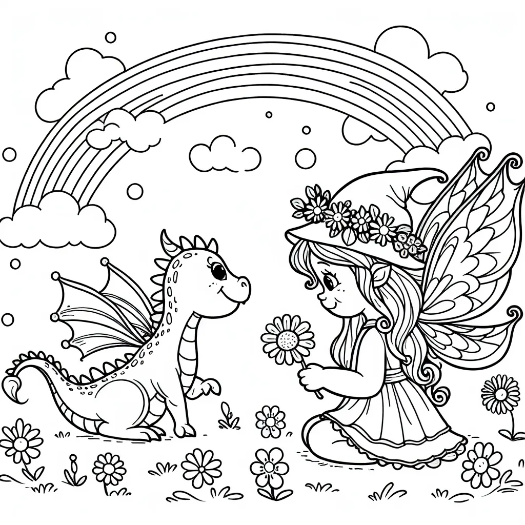 Une fée joue avec son petit dragon dans un monde enchanté rempli de fleurs et d’arc-en-ciel.