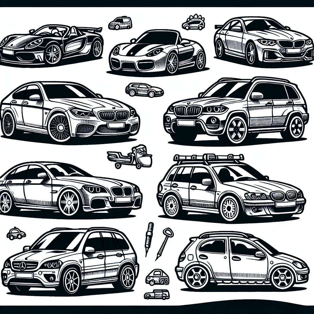 Dessine des voitures par marque: Porsche, Mercedes, BMW, Audi, Renault, Peugeot et Citroën. Imagine chaque voiture avec son design propre et caractéristique, et ajoute des détails qui sont spécifiques à chaque marque.