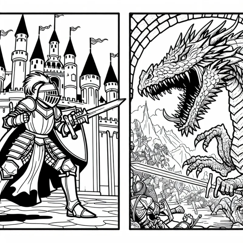 Imagines-toi le monde d'un chevalier audacieux combattant un terrible dragon dans un château grandiose. Dessine ce combat épique avec toutes ses émotions voraces.