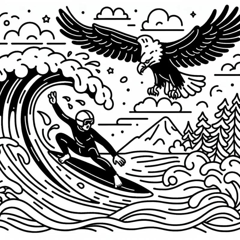 Un surfeur téméraire prenant une vague gigantesque avec un aigle en vol en arrière-plan