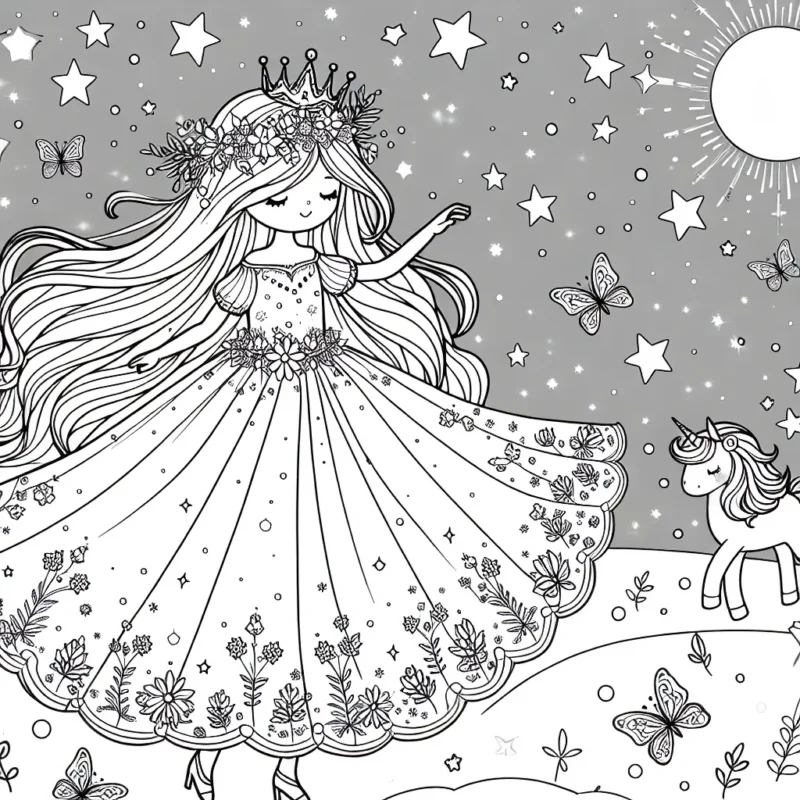 Sur cette page de coloriage, tu découvriras une princesse farfelue aux longs cheveux blonds, avec sa couronne de fleurs et sa robe recouverte de papillons. Elle danse sur un champ d'étoiles, entourée de sa horde de licornes lumineuses dans un monde féerique.