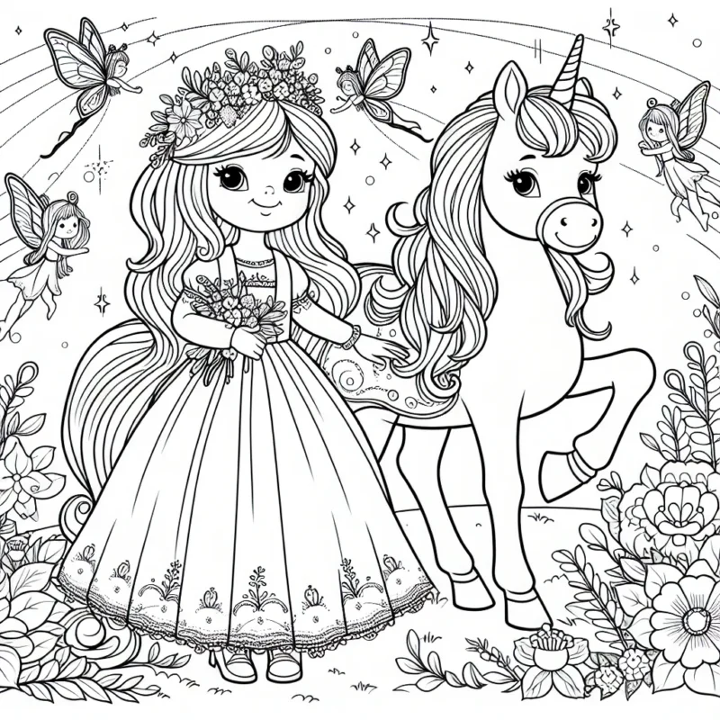 Une Princesse et son Poney Magique dans un Jardin Enchanté avec des Fées et des Papillons