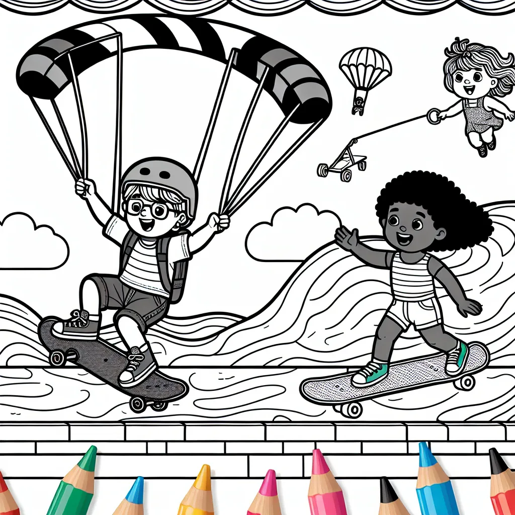 Imagine un dessin représentant un garçon à roller sur une rampe de skatepark, une fille faisant du parachutisme et un enfant surfant sur une vague géante.