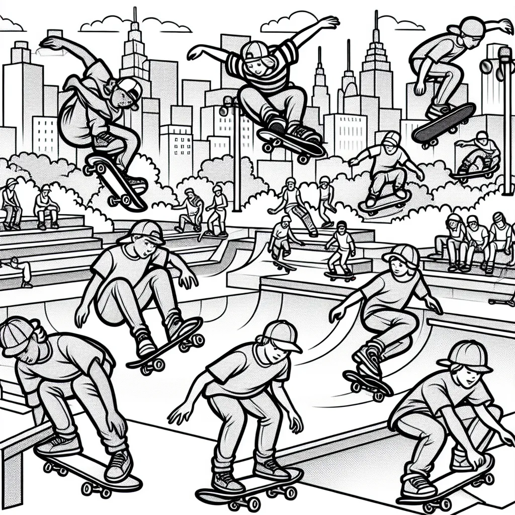 Dessine une scène de skateboard extrême dans un parc urbain avec plusieurs skaters en action.