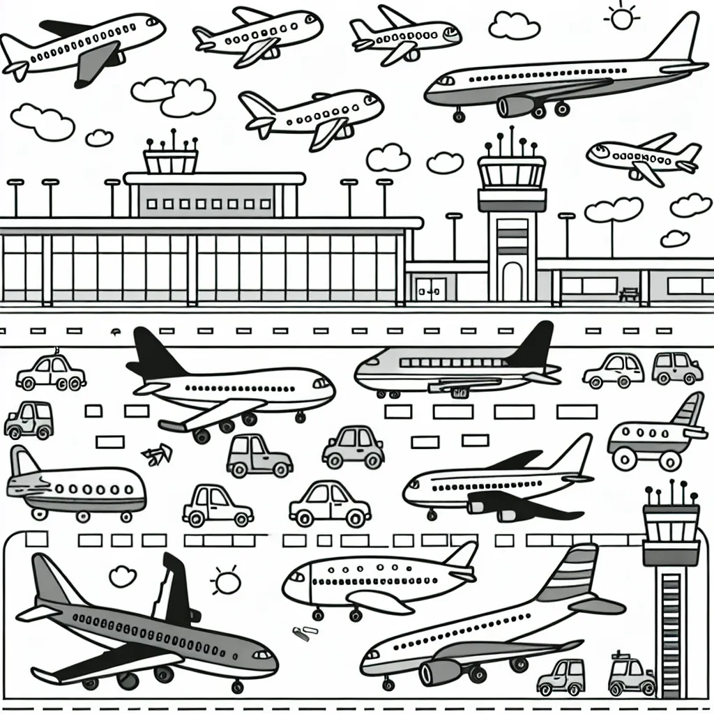 Un aéroport animé avec différents types d'avions à colorier