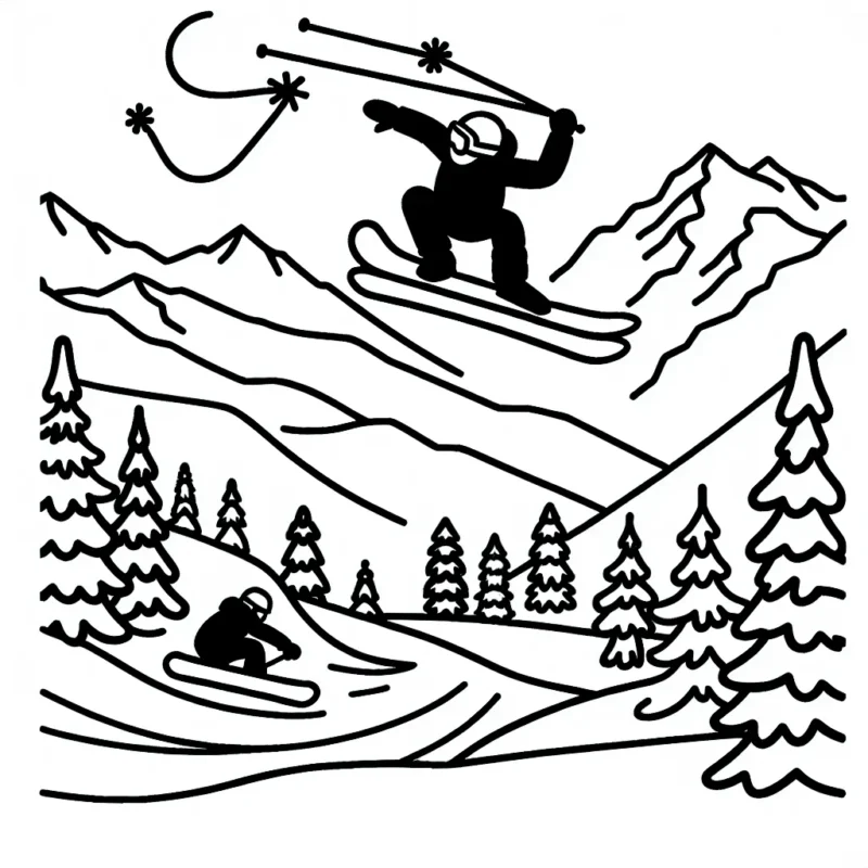 Dessine un skieur effectuant un saut impressionnant au-dessus d'une montagne enneigée, avec des snowboarders effectuant des tours en bas.