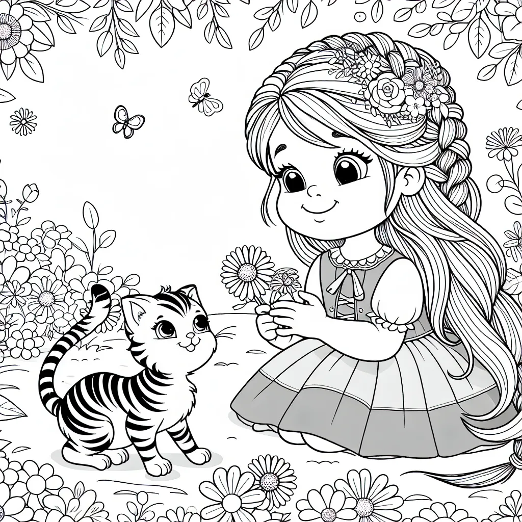 Une petite princesse aux longs cheveux coiffés en tresses, jouant avec son chaton rayé dans un jardin rempli de fleurs