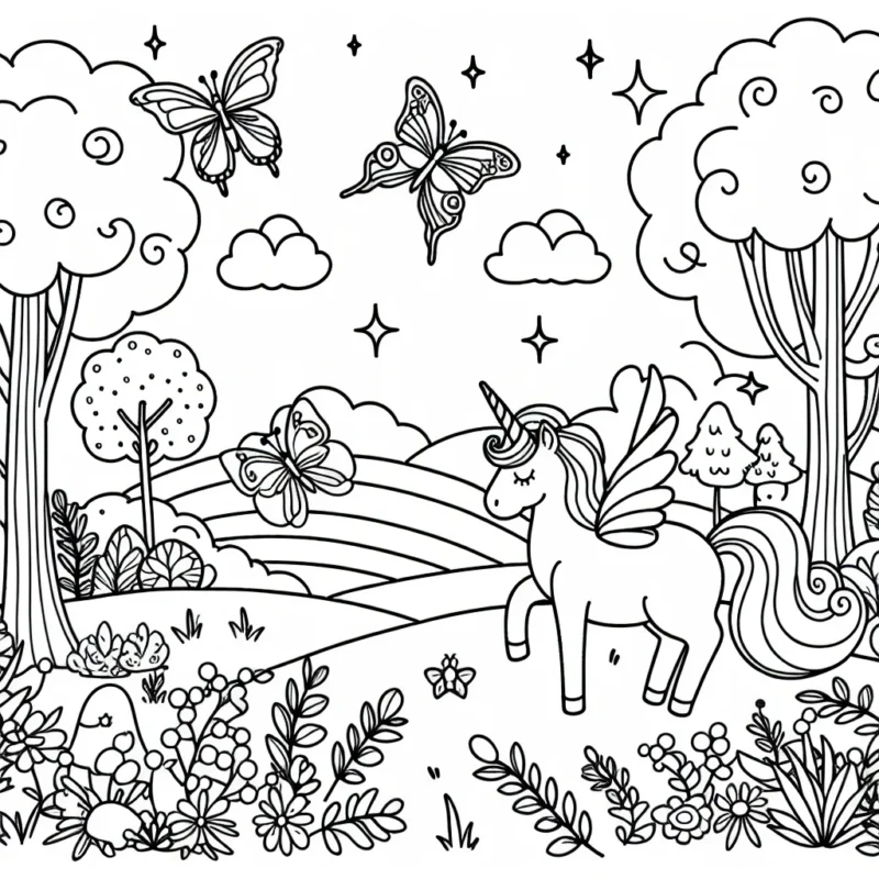 Un magnifique paysage de forêt enchantée avec une licorne ailée, des fées et des papillons à colorier