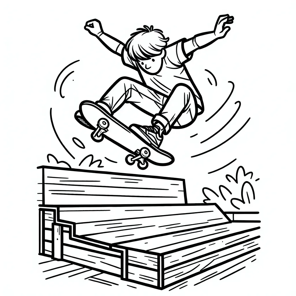 Dessine un skateur en train de réaliser une figure aérienne impressionnante sur une rampe de skate park.