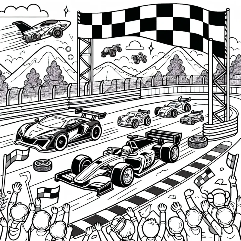 Conçois un dessin d'une aventure trépidante mettant en scène une course de voitures avec différentes voitures de course colorées sur une piste de course excitante. N'oublie pas d'inclure des détails tels que les marques de pneus, des plaques d'immatriculation personnalisées et une foule en délire.