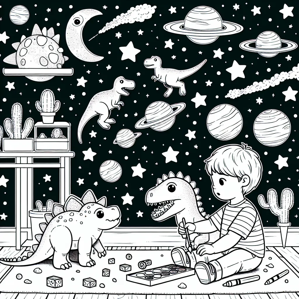 Un petit garçon joue avec ses jouets favoris, les dinosaures, dans sa chambre remplie de merveilles galactiques, d'étoiles et de planètes.