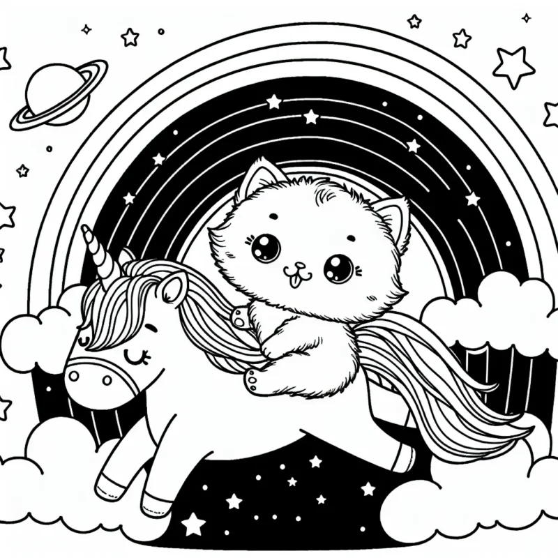 Un adorable chaton assis sur une licorne magique volant sur un arc-en-ciel, avec un ciel rempli d'étoiles et de planètes.