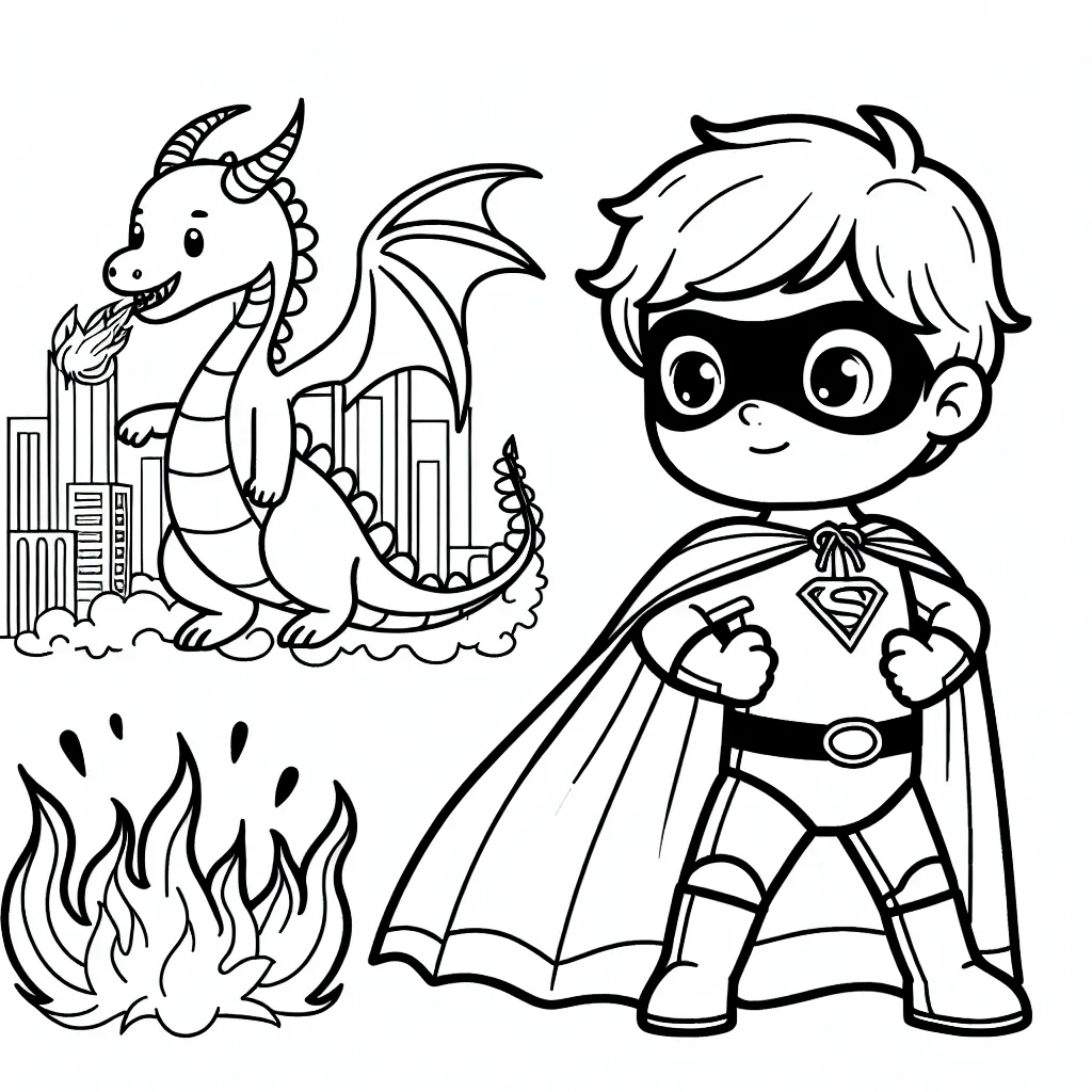 Sur ta feuille blanche, dessine-toi en tant que super-héros, vêtu de ta tenue préférée, prêt à défendre la ville contre un dragon fougueux !