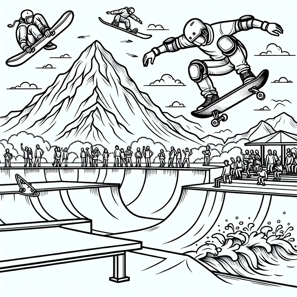 Dessine un skateur faisant une figure impressionnante dans un skatepark, une montagne en arrière-plan avec un snowboarder dans les airs et les vagues de l'océan avec un surfeur. Ajoute aussi des détails comme les casques, les genouillères et des spectateurs pour encourager.