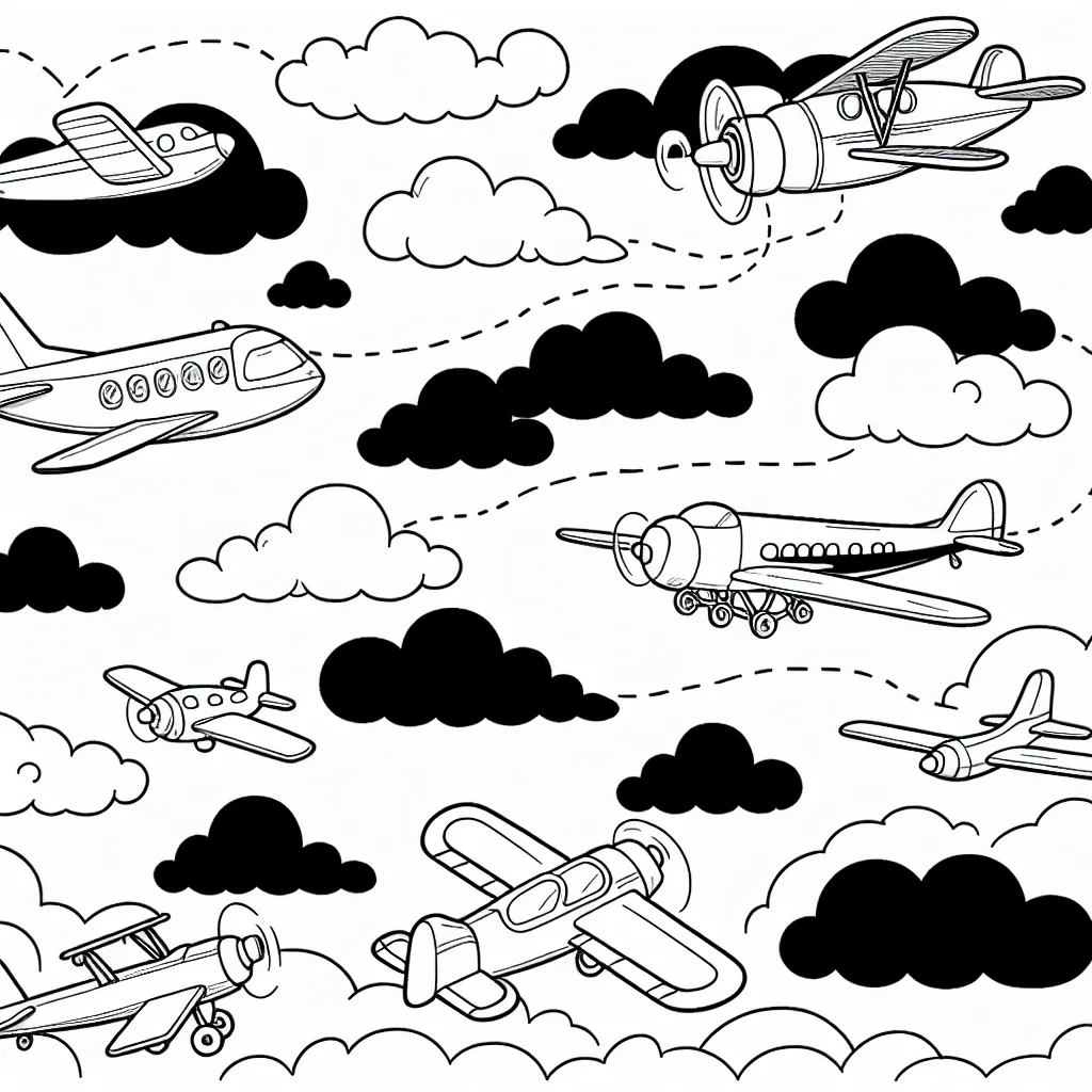 Jouons avec les couleurs et imaginons l'aventure dans les cieux! Voici un dessin d'une scène avec plusieurs types d'avions volant dans le ciel clair. Combinez votre créativité et vos compétences en coloriage pour donner vie à cette scène aérienne excitante.