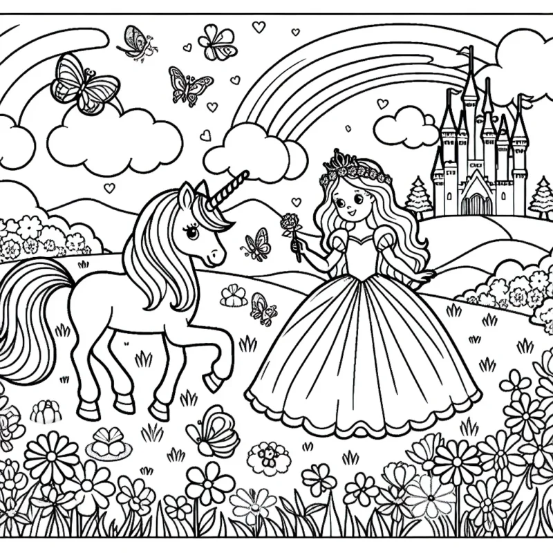 Un paysage féerique avec une licorne et une princesse vêtue d'une belle robe, jouant aux côtés dans une clairière fleurie. Inclus également un château majestueux au loin, un arc-en-ciel lumineux dans le ciel et une multitude de papillons et d'oiseaux colorés volant autour d'eux.