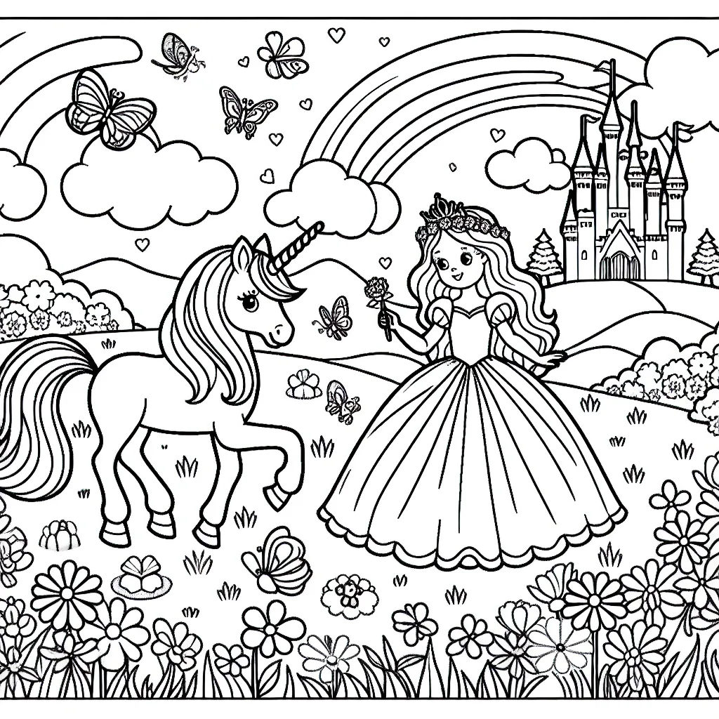 Un paysage féerique avec une licorne et une princesse vêtue d'une belle robe, jouant aux côtés dans une clairière fleurie. Inclus également un château majestueux au loin, un arc-en-ciel lumineux dans le ciel et une multitude de papillons et d'oiseaux colorés volant autour d'eux.