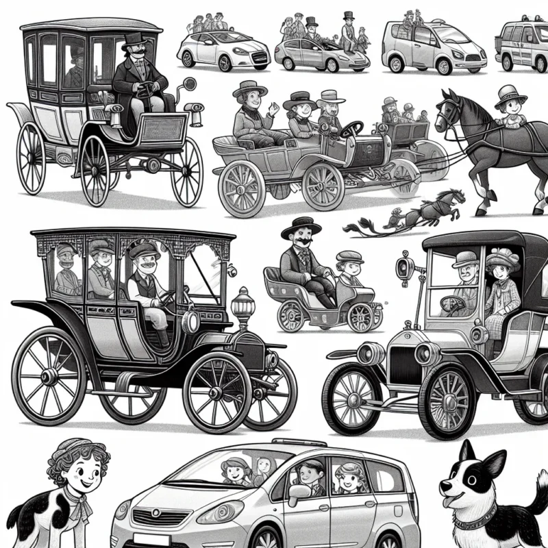 Un défilé animé de voitures de différentes époques et de pays, de la voiture à cheval de l'époque victorienne à la voiture électrique de joliment dessinée. Chaque voiture est unique en son genre, avec des détails riches et variés pour inspirer le coloriage. Des personnages sympathiques sont aussi présents - des conducteurs souriants, agitant la main, des enfants regardant avec admiration, des chiens joyeux courant après les voitures, et toutes sortes de personnages