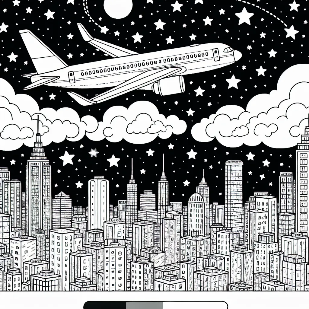 Créer un coloriage qui dépeint un avion de ligne traversant le ciel étoilé au-dessus d'une ville animée la nuit.