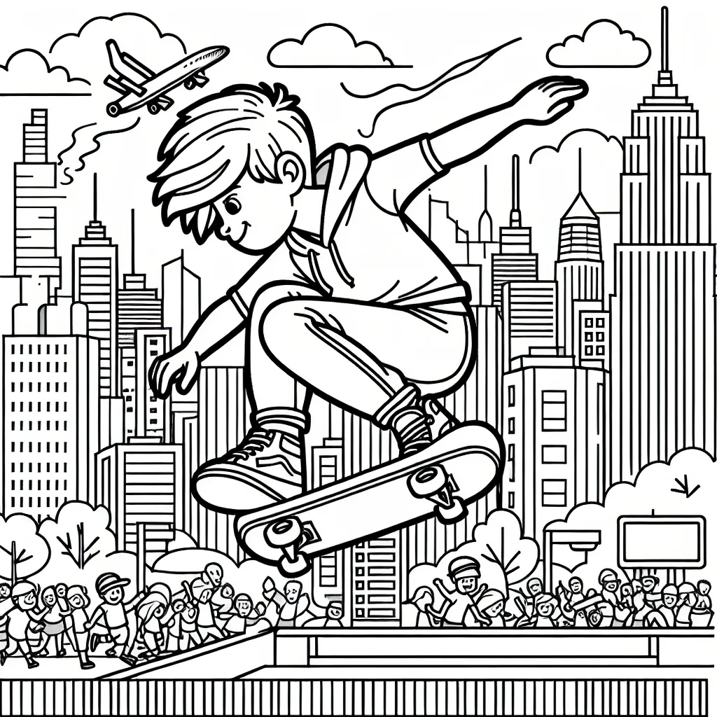 Un athlète en plein saut pendant une compétition de skateboard extrême, avec un paysage urbain en arrière-plan.