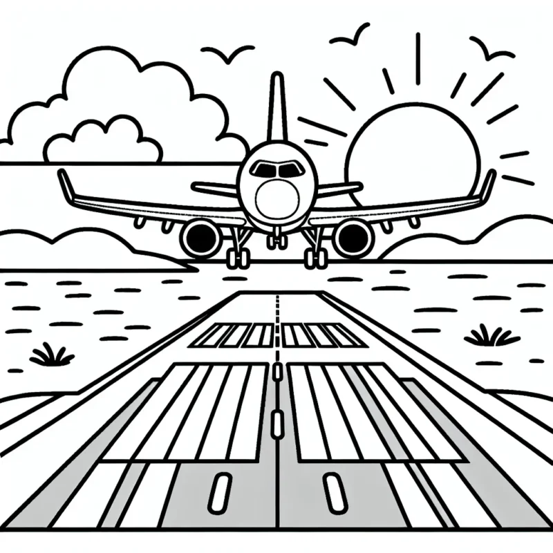 Dessine un avion de ligne atterrissant sur une piste d'aéroport avec le soleil couchant en arrière-plan.