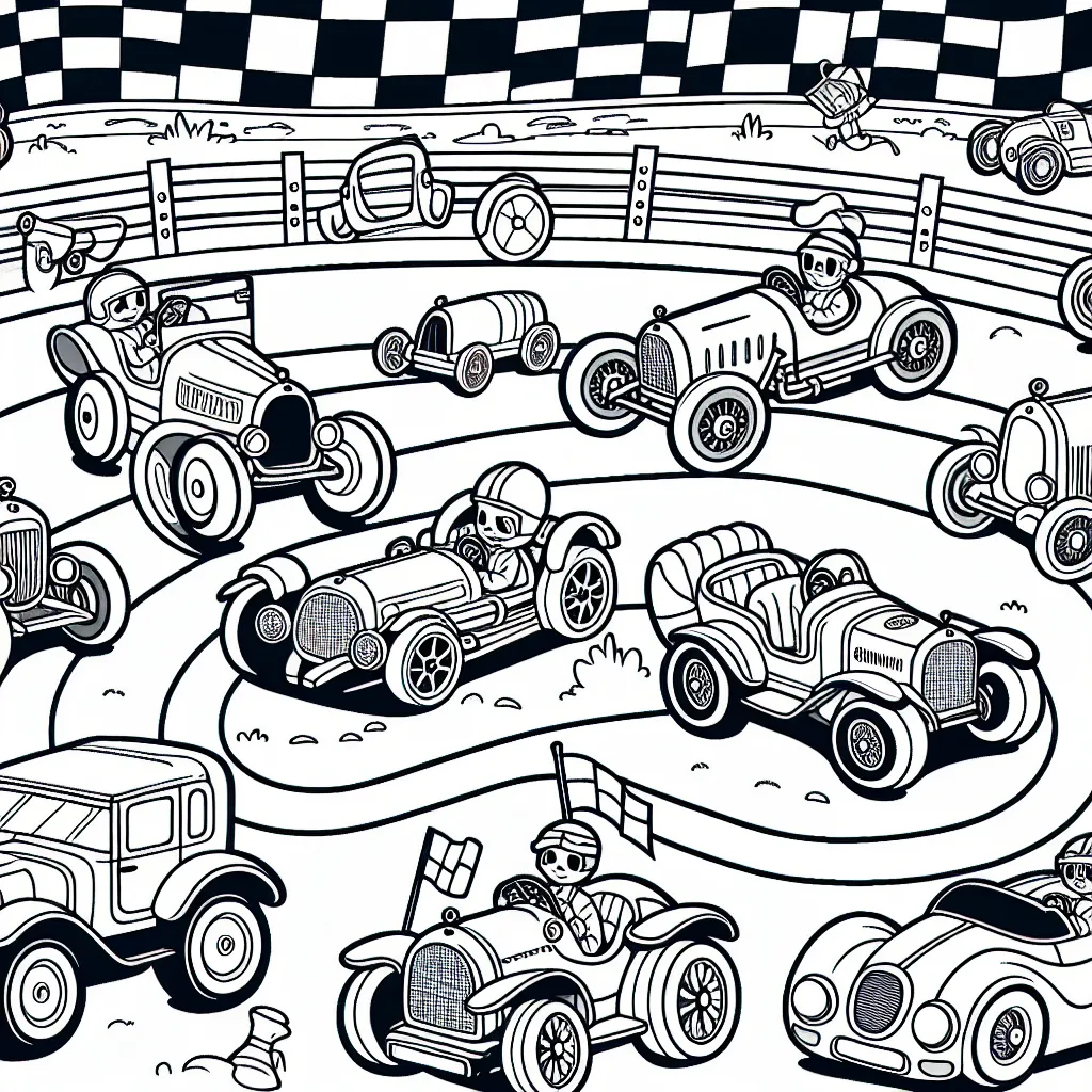 Un circuit de course animé avec une variété de voitures colorées se préparant pour la grande course. Chaque voiture a sa propre personnalité, représentée par des traits distinctifs et des couleurs lumineuses. Les contours sont bien définis, ce qui facilite le coloriage pour les enfants.